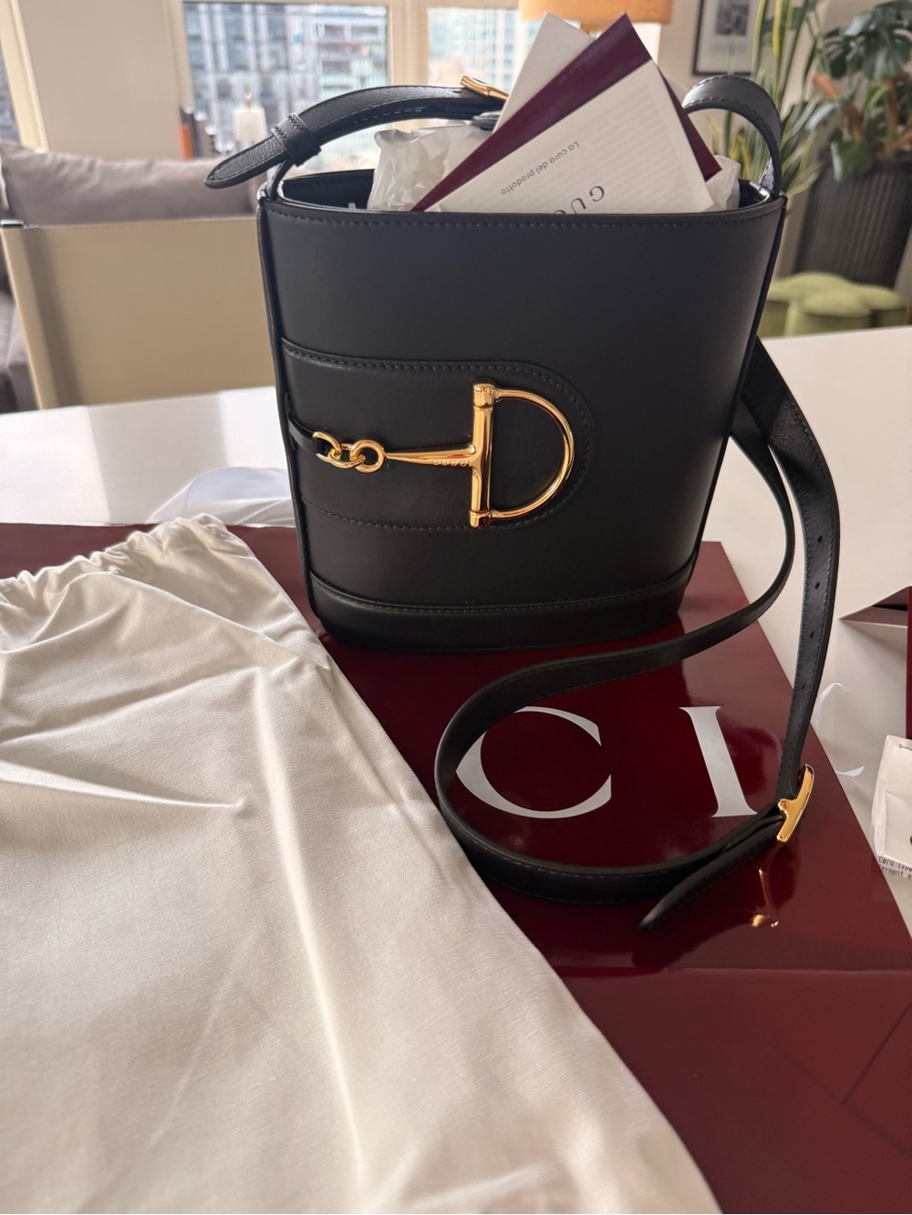 Genuine GUCCI Calf Skin Bucket Bag with Gold Hardware
